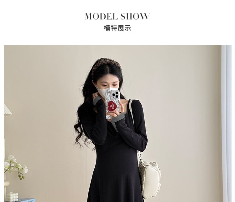 Maternity Mock Two-Piece Long-Sleeve Notch Neck Two Tone Maxi A-Line Dress
