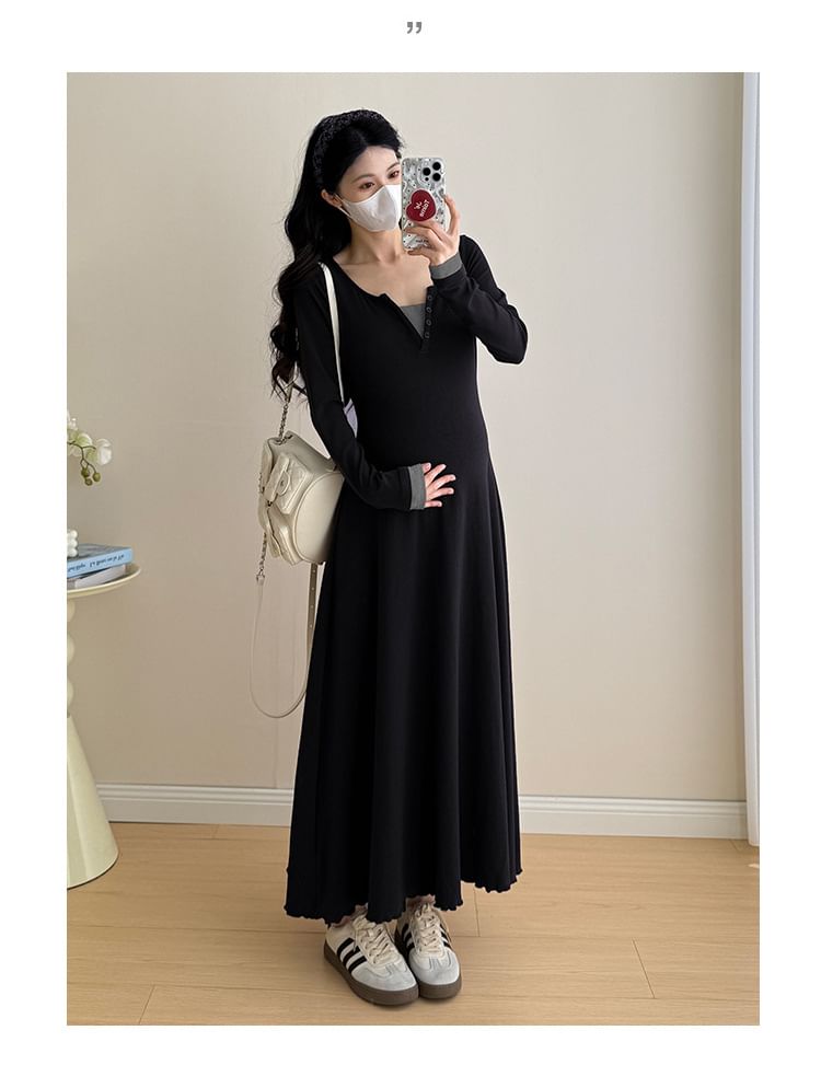 Maternity Mock Two-Piece Long-Sleeve Notch Neck Two Tone Maxi A-Line Dress