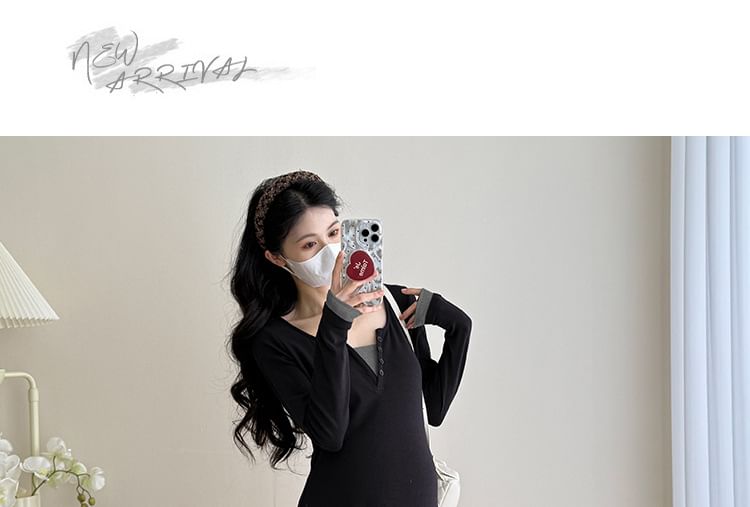 Maternity Mock Two-Piece Long-Sleeve Notch Neck Two Tone Maxi A-Line Dress