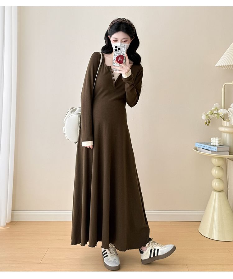 Maternity Mock Two-Piece Long-Sleeve Notch Neck Two Tone Maxi A-Line Dress