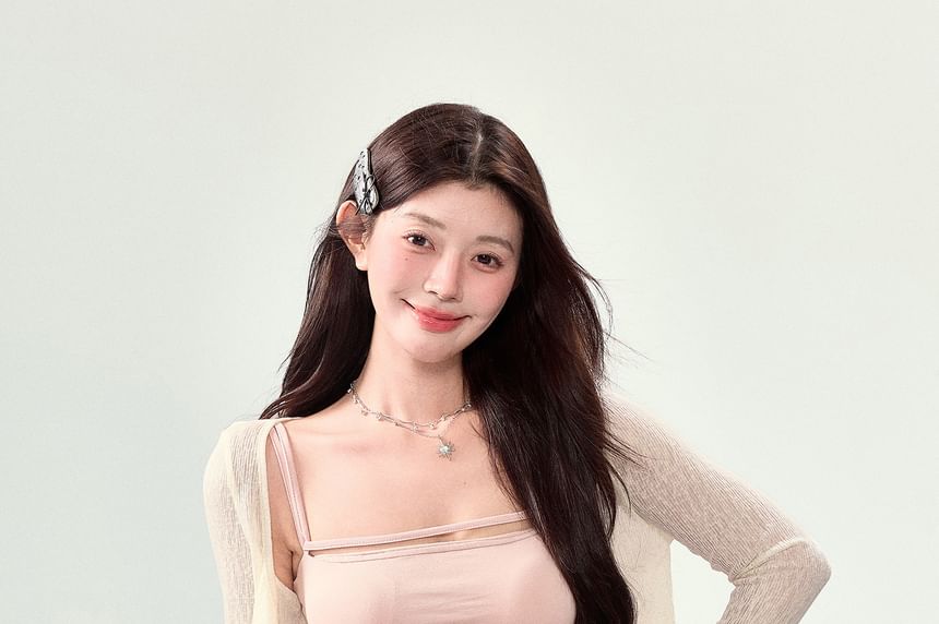 Spaghetti Strap Plain Mini A-Line Dress / Plain Crop Cardigan