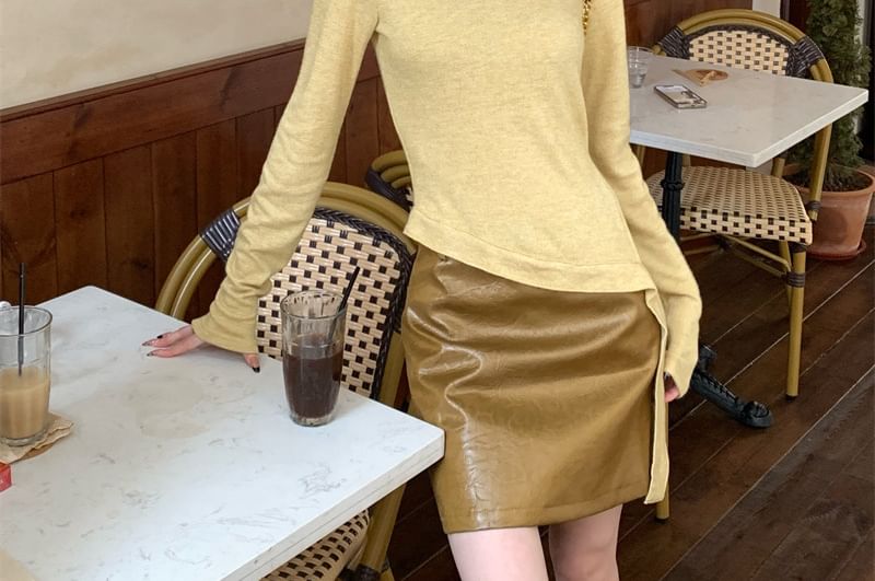Crew Neck Asymmetrical T-Shirt with Faux Leather Mini Pencil Skirt