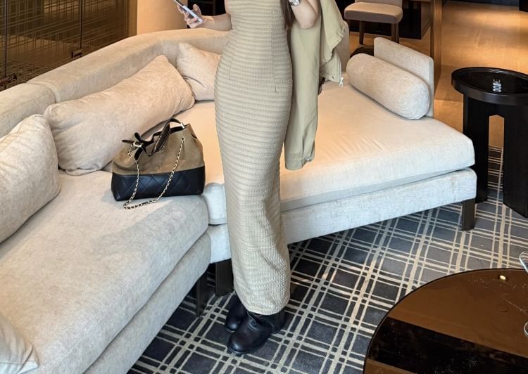 Stand Collar Plain Pocket Front Zip Jacket / Spaghetti Strap Striped Maxi Sheath Dress