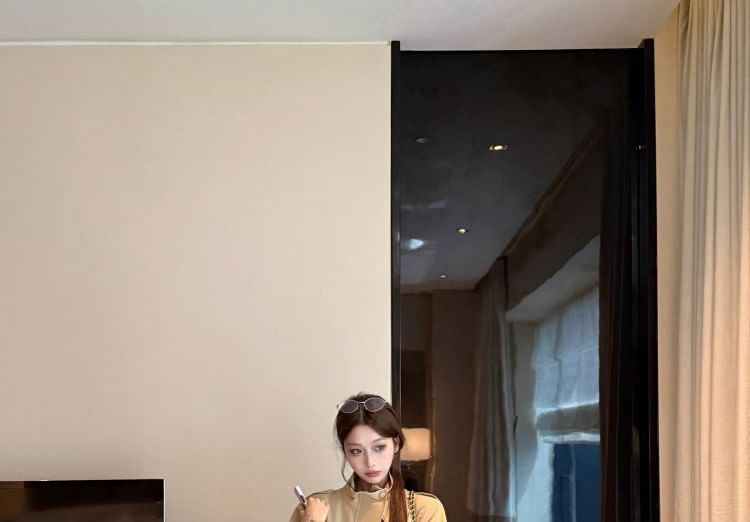 Stand Collar Plain Pocket Front Zip Jacket / Spaghetti Strap Striped Maxi Sheath Dress