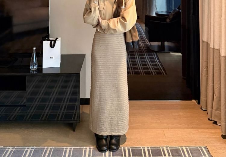 Stand Collar Plain Pocket Front Zip Jacket / Spaghetti Strap Striped Maxi Sheath Dress