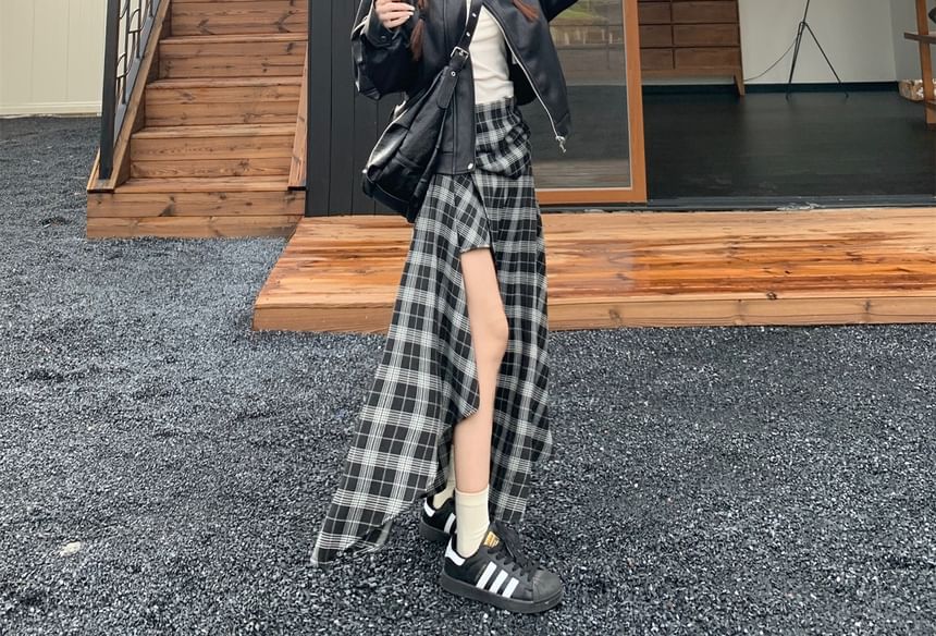 Faux Leather Zip Jacket with Plaid Asymmetrical Maxi Skirt