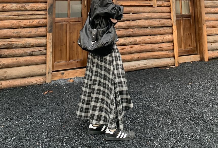 Faux Leather Zip Jacket with Plaid Asymmetrical Maxi Skirt
