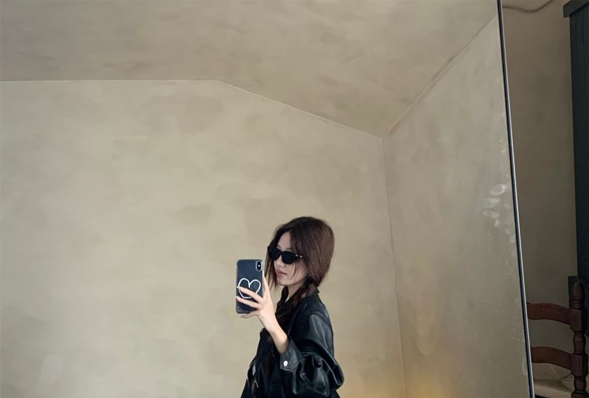 Faux Leather Zip Jacket with Plaid Asymmetrical Maxi Skirt