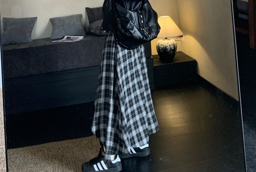 Faux Leather Zip Jacket with Plaid Asymmetrical Maxi Skirt