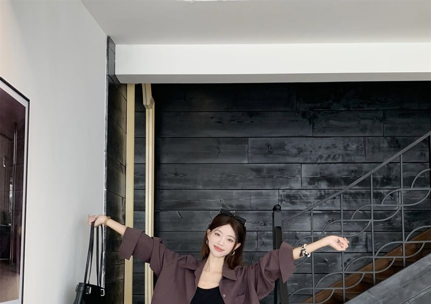 Oversized Long-Sleeve Shirt with Maxi A-Line Skirt and Cami Set