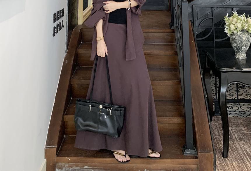Oversized Long-Sleeve Shirt with Maxi A-Line Skirt and Cami Set
