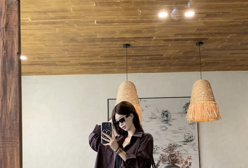 Oversized Long-Sleeve Shirt with Maxi A-Line Skirt and Cami Set
