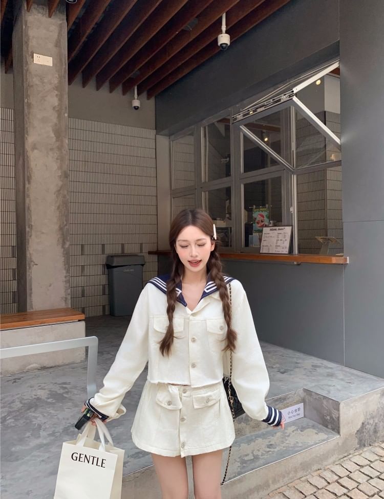 Striped Sailor Collar Cropped Jacket with Mini A-Line Skirt