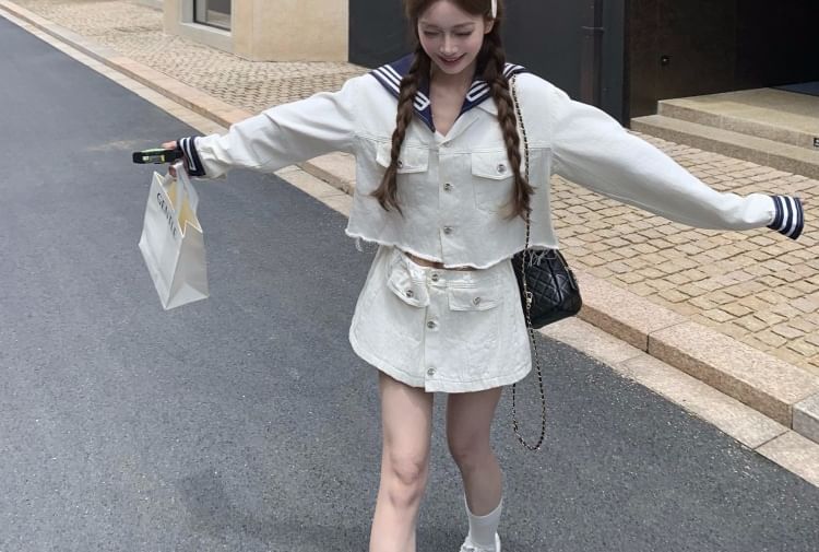 Striped Sailor Collar Cropped Jacket with Mini A-Line Skirt