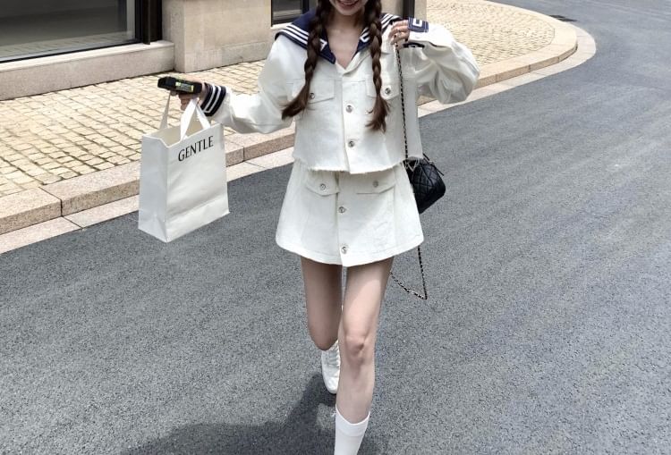Striped Sailor Collar Cropped Jacket with Mini A-Line Skirt