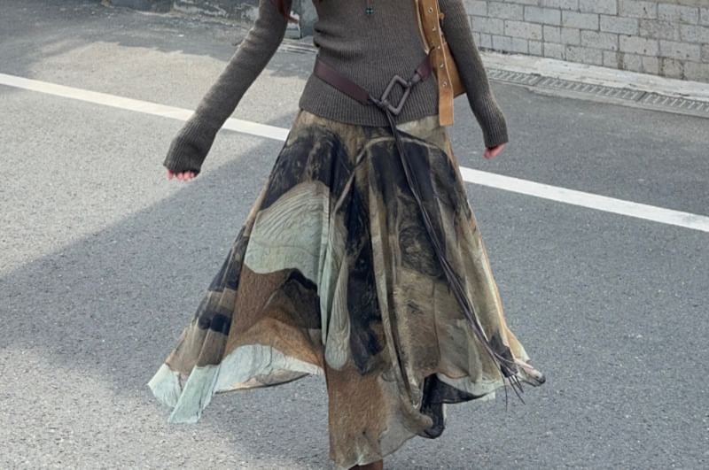 Hooded V-Neck Sweater with Tie Dye Asymmetrical Maxi Skirt