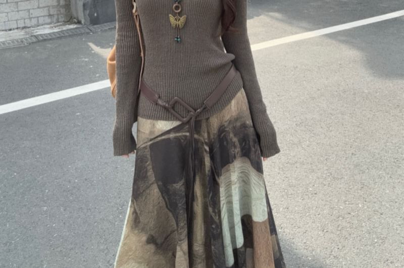Hooded V-Neck Sweater with Tie Dye Asymmetrical Maxi Skirt