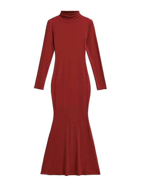 Long-Sleeve Mock Neck Plain Maxi Bodycon Dress