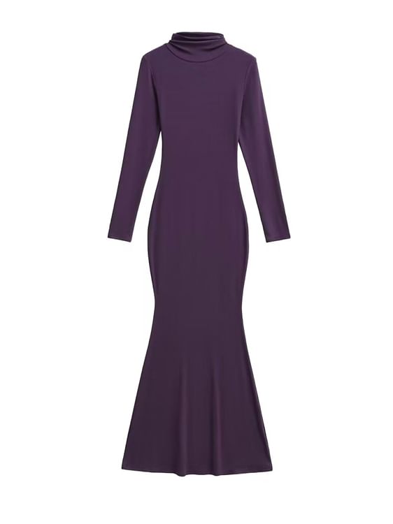 Long-Sleeve Mock Neck Plain Maxi Bodycon Dress