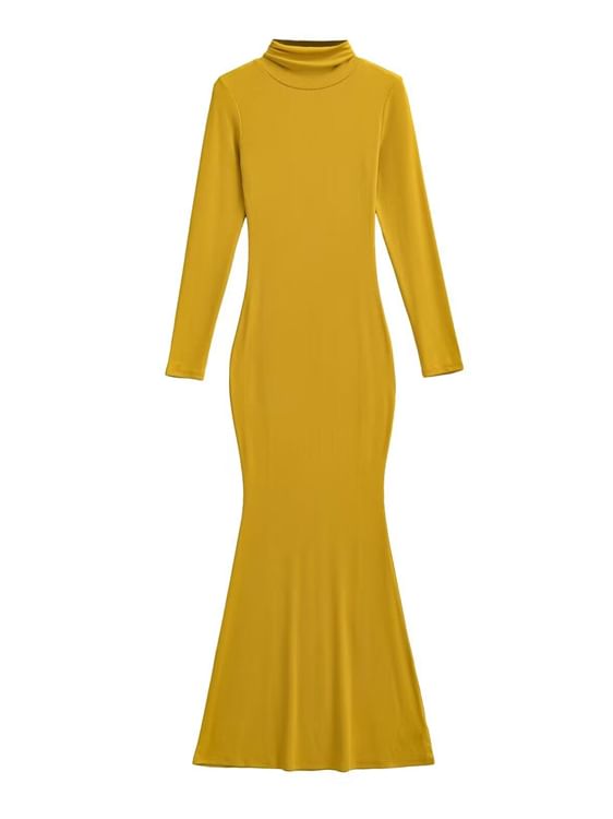 Long-Sleeve Mock Neck Plain Maxi Bodycon Dress