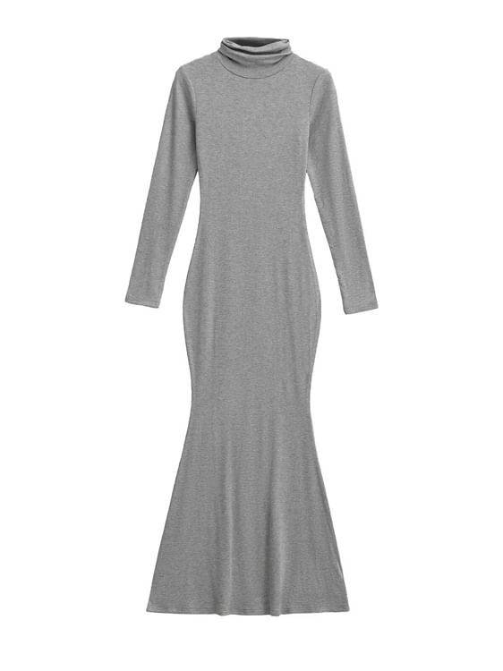 Long-Sleeve Mock Neck Plain Maxi Bodycon Dress
