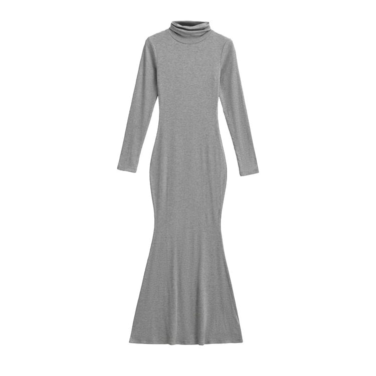 Long-Sleeve Mock Neck Plain Maxi Bodycon Dress