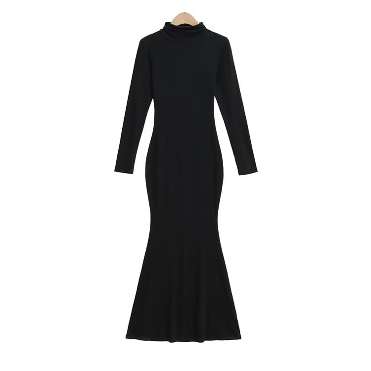 Long-Sleeve Mock Neck Plain Maxi Bodycon Dress