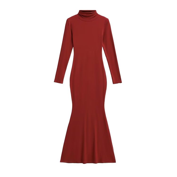 Long-Sleeve Mock Neck Plain Maxi Bodycon Dress
