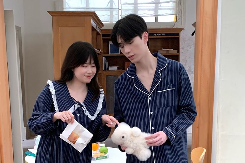 Couple Matching Long Sleeve Collared Pinstriped Ruffle Pajama Dress / Long Sleeve Shirt / Mid Rise Straight Leg Pants / Set