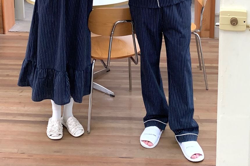 Couple Matching Long Sleeve Collared Pinstriped Ruffle Pajama Dress / Long Sleeve Shirt / Mid Rise Straight Leg Pants / Set