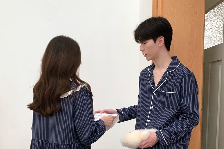 Couple Matching Long Sleeve Collared Pinstriped Ruffle Pajama Dress / Long Sleeve Shirt / Mid Rise Straight Leg Pants / Set