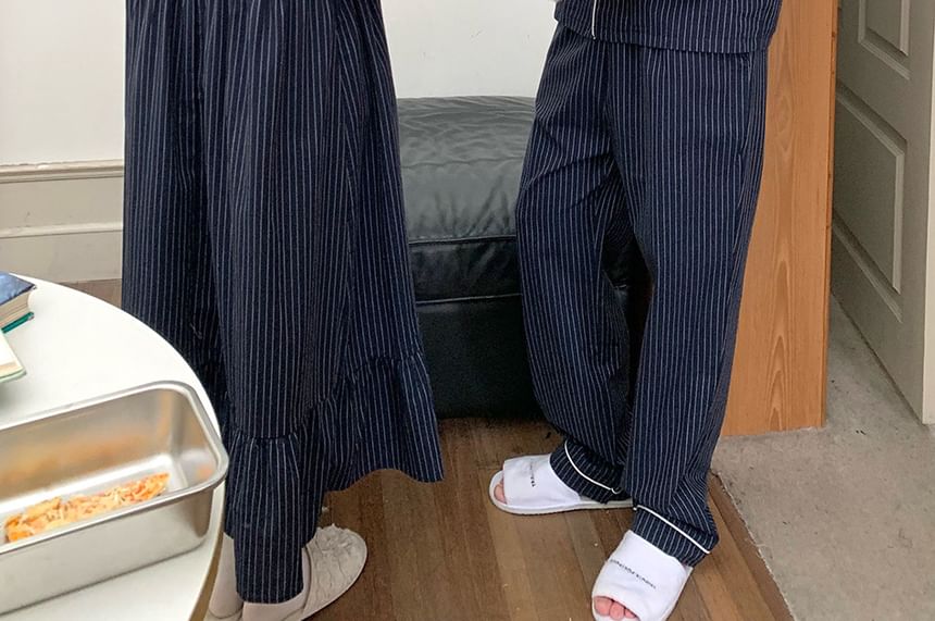 Couple Matching Long Sleeve Collared Pinstriped Ruffle Pajama Dress / Long Sleeve Shirt / Mid Rise Straight Leg Pants / Set