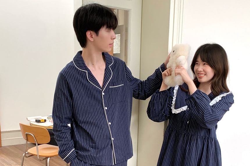 Couple Matching Long Sleeve Collared Pinstriped Ruffle Pajama Dress / Long Sleeve Shirt / Mid Rise Straight Leg Pants / Set