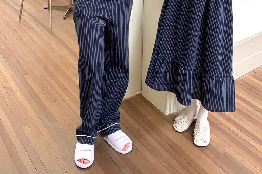 Couple Matching Long Sleeve Collared Pinstriped Ruffle Pajama Dress / Long Sleeve Shirt / Mid Rise Straight Leg Pants / Set