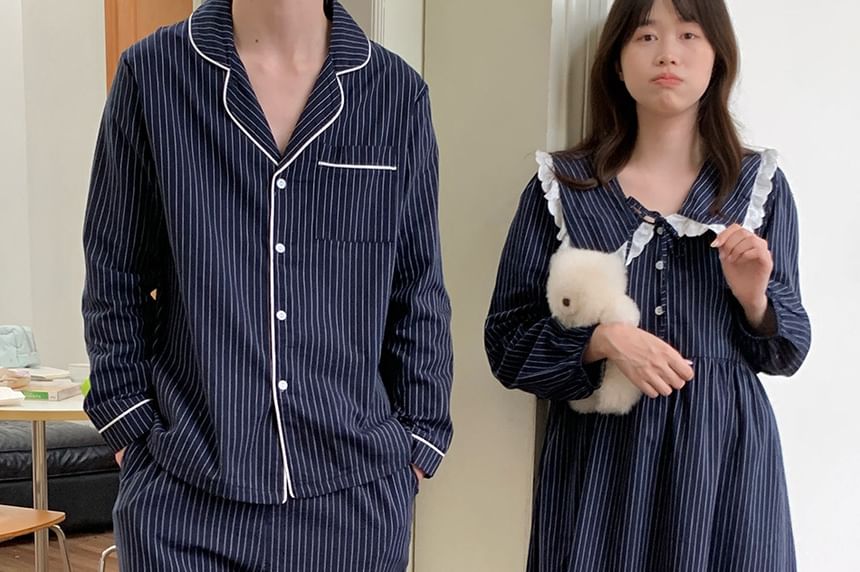 Couple Matching Long Sleeve Collared Pinstriped Ruffle Pajama Dress / Long Sleeve Shirt / Mid Rise Straight Leg Pants / Set