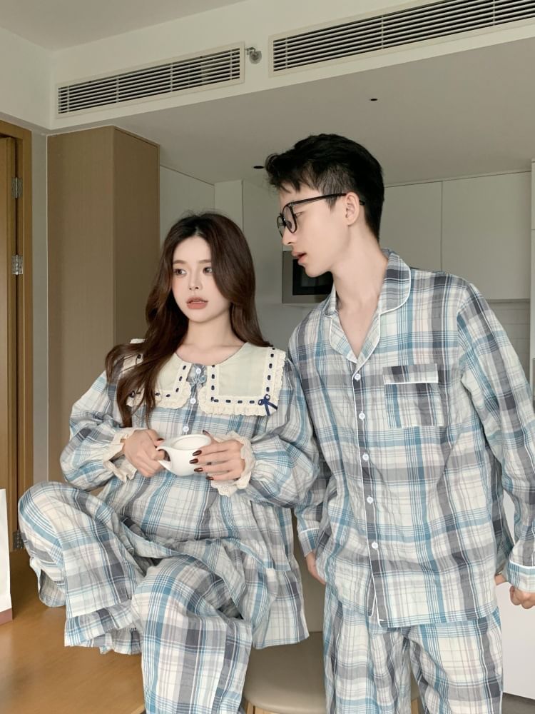 Couple Matching Long Sleeve Contrast Collar Plaid Ruffle Pajama Dress / Long Sleeve Blouse / Shirt / Straight Leg Pants / Set (Various Designs)