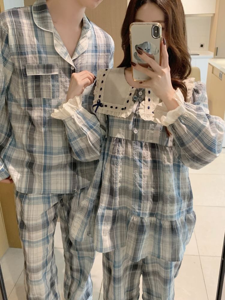 Couple Matching Long Sleeve Contrast Collar Plaid Ruffle Pajama Dress / Long Sleeve Blouse / Shirt / Straight Leg Pants / Set (Various Designs)