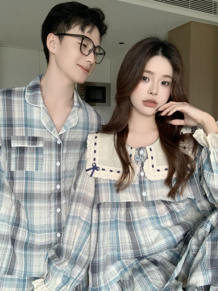 Couple Matching Long Sleeve Contrast Collar Plaid Ruffle Pajama Dress / Long Sleeve Blouse / Shirt / Straight Leg Pants / Set (Various Designs)
