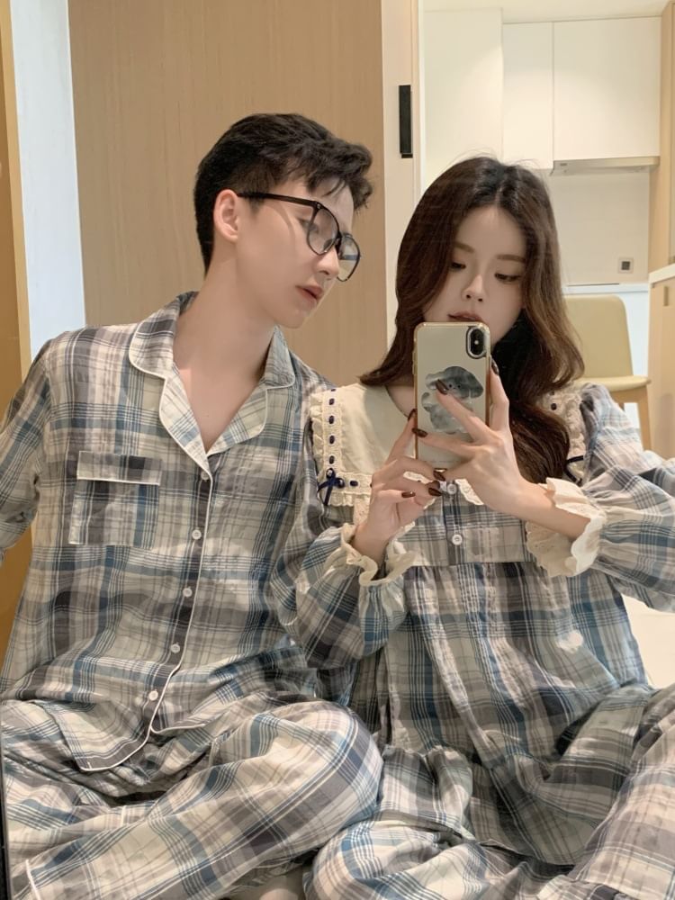 Couple Matching Long Sleeve Contrast Collar Plaid Ruffle Pajama Dress / Long Sleeve Blouse / Shirt / Straight Leg Pants / Set (Various Designs)