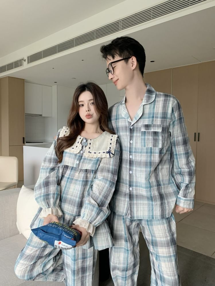 Couple Matching Long Sleeve Contrast Collar Plaid Ruffle Pajama Dress / Long Sleeve Blouse / Shirt / Straight Leg Pants / Set (Various Designs)
