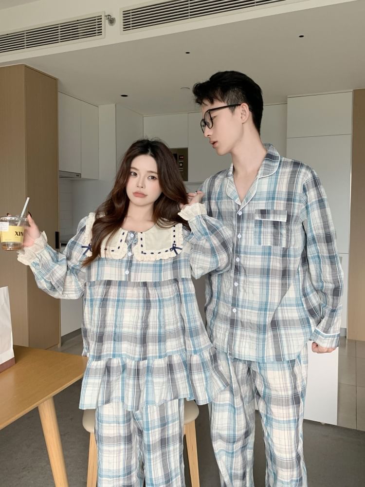 Couple Matching Long Sleeve Contrast Collar Plaid Ruffle Pajama Dress / Long Sleeve Blouse / Shirt / Straight Leg Pants / Set (Various Designs)