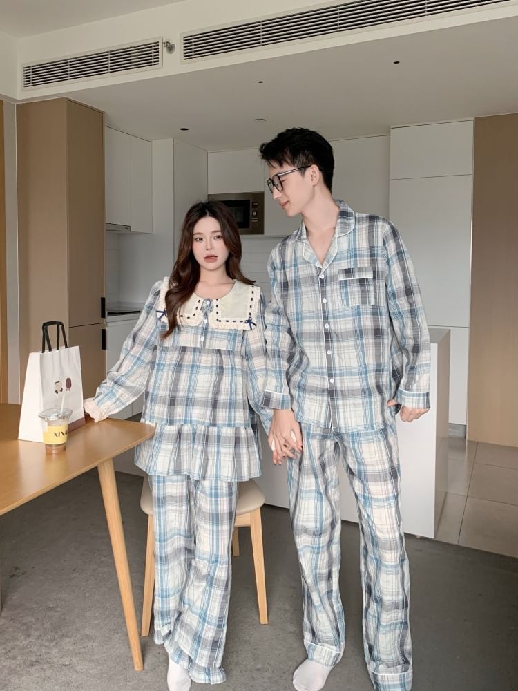 Couple Matching Long Sleeve Contrast Collar Plaid Ruffle Pajama Dress / Long Sleeve Blouse / Shirt / Straight Leg Pants / Set (Various Designs)
