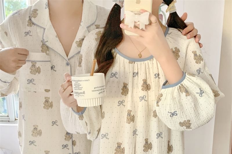 Couple Matching Long Sleeve Round Neck Bear Bow Print Pajama Dress / Long Sleeve Collared Shirt / Mid Rise Straight Leg Pants / Set