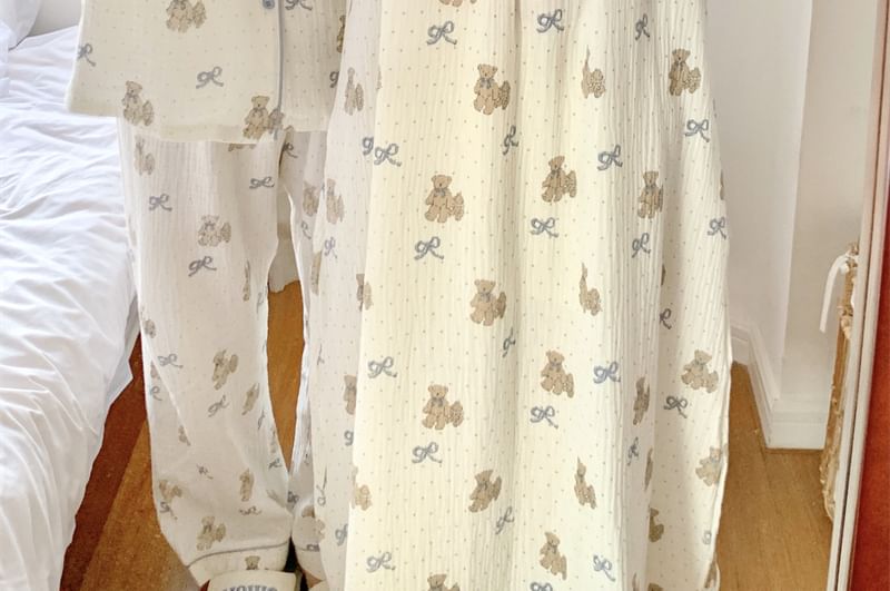 Couple Matching Long Sleeve Round Neck Bear Bow Print Pajama Dress / Long Sleeve Collared Shirt / Mid Rise Straight Leg Pants / Set