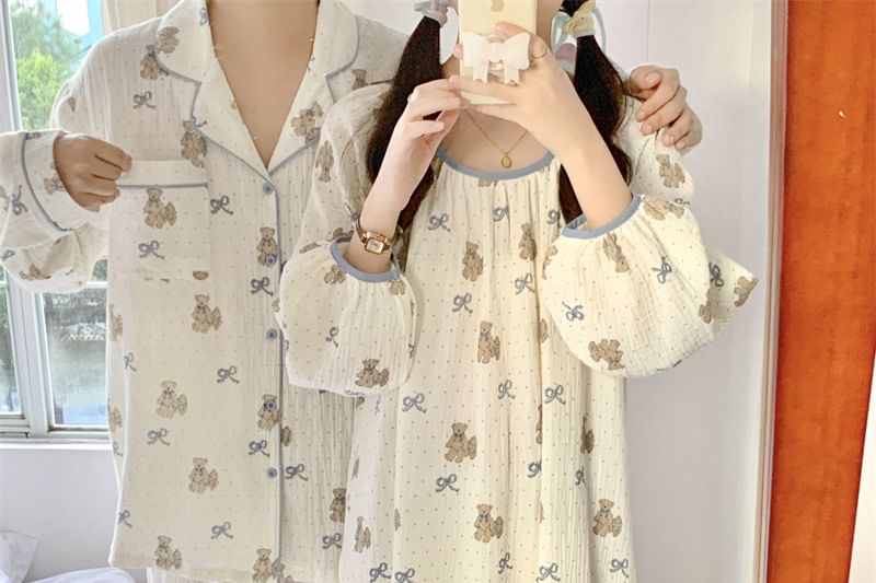 Couple Matching Long Sleeve Round Neck Bear Bow Print Pajama Dress / Long Sleeve Collared Shirt / Mid Rise Straight Leg Pants / Set