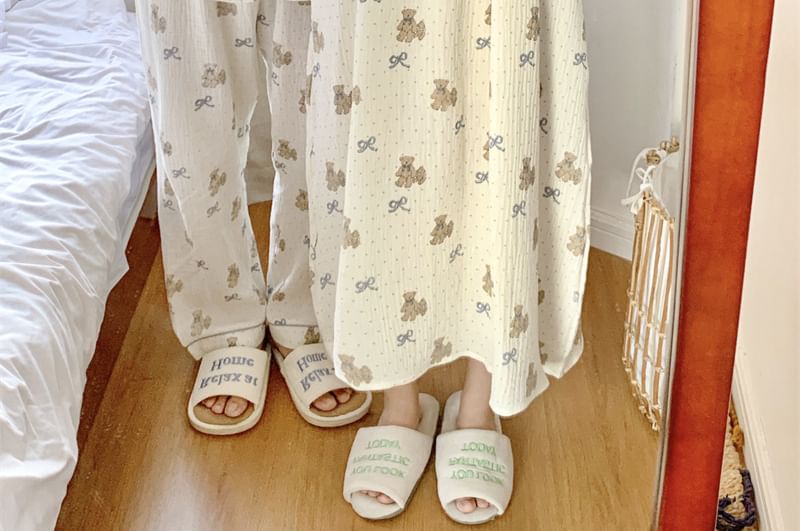 Couple Matching Long Sleeve Round Neck Bear Bow Print Pajama Dress / Long Sleeve Collared Shirt / Mid Rise Straight Leg Pants / Set