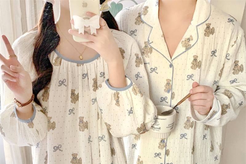 Couple Matching Long Sleeve Round Neck Bear Bow Print Pajama Dress / Long Sleeve Collared Shirt / Mid Rise Straight Leg Pants / Set