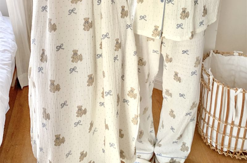 Couple Matching Long Sleeve Round Neck Bear Bow Print Pajama Dress / Long Sleeve Collared Shirt / Mid Rise Straight Leg Pants / Set