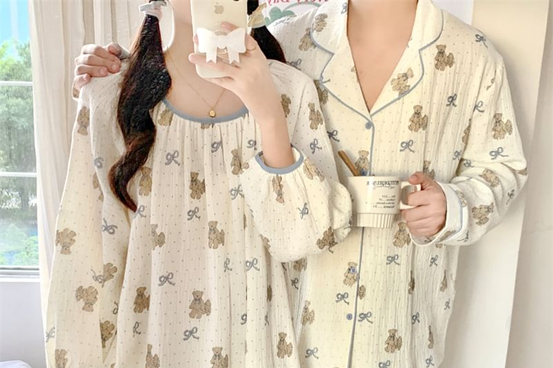 Couple Matching Long Sleeve Round Neck Bear Bow Print Pajama Dress / Long Sleeve Collared Shirt / Mid Rise Straight Leg Pants / Set