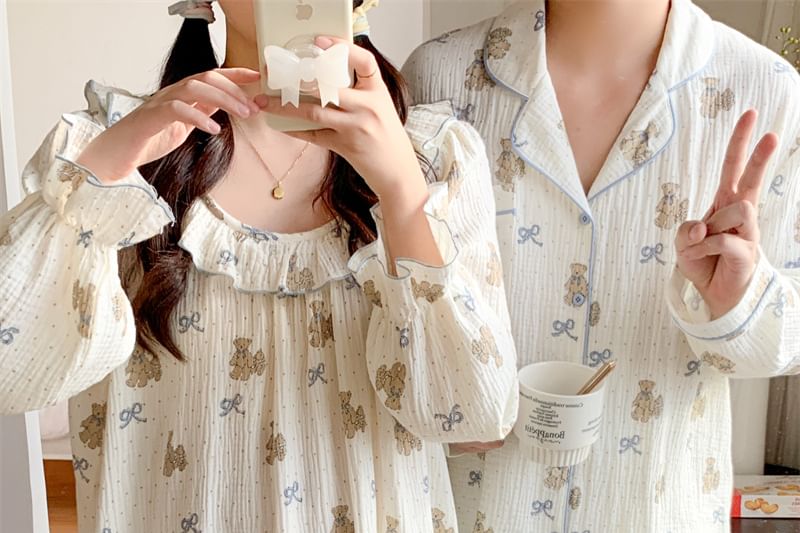 Couple Matching Long Sleeve Round Neck Bear Bow Print Ruffle Pajama Dress / Long Sleeve Collared Shirt / Mid Rise Straight Leg Pants / Set